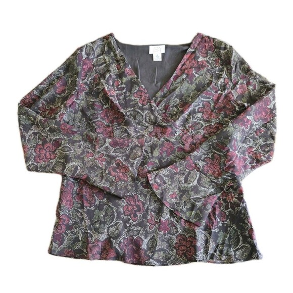 Ann Taylor LOFT Womens Top Blouse Long Bell Sleeve Floral Silk Size 14 Brown - Picture 10 of 10